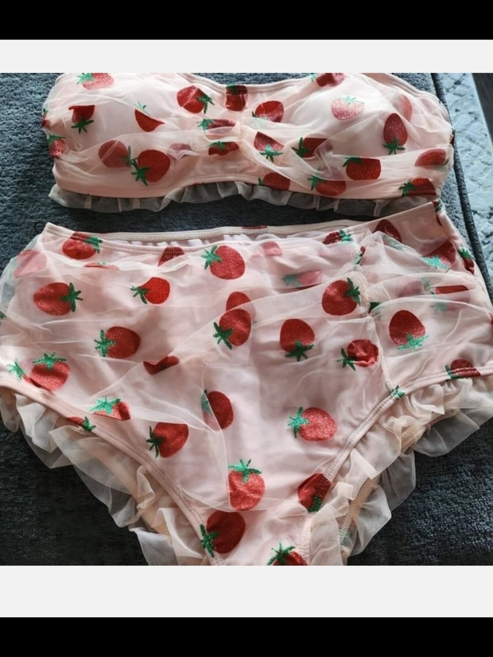 Pink Strawberry-Print Bikini Set with Ruffle Trim